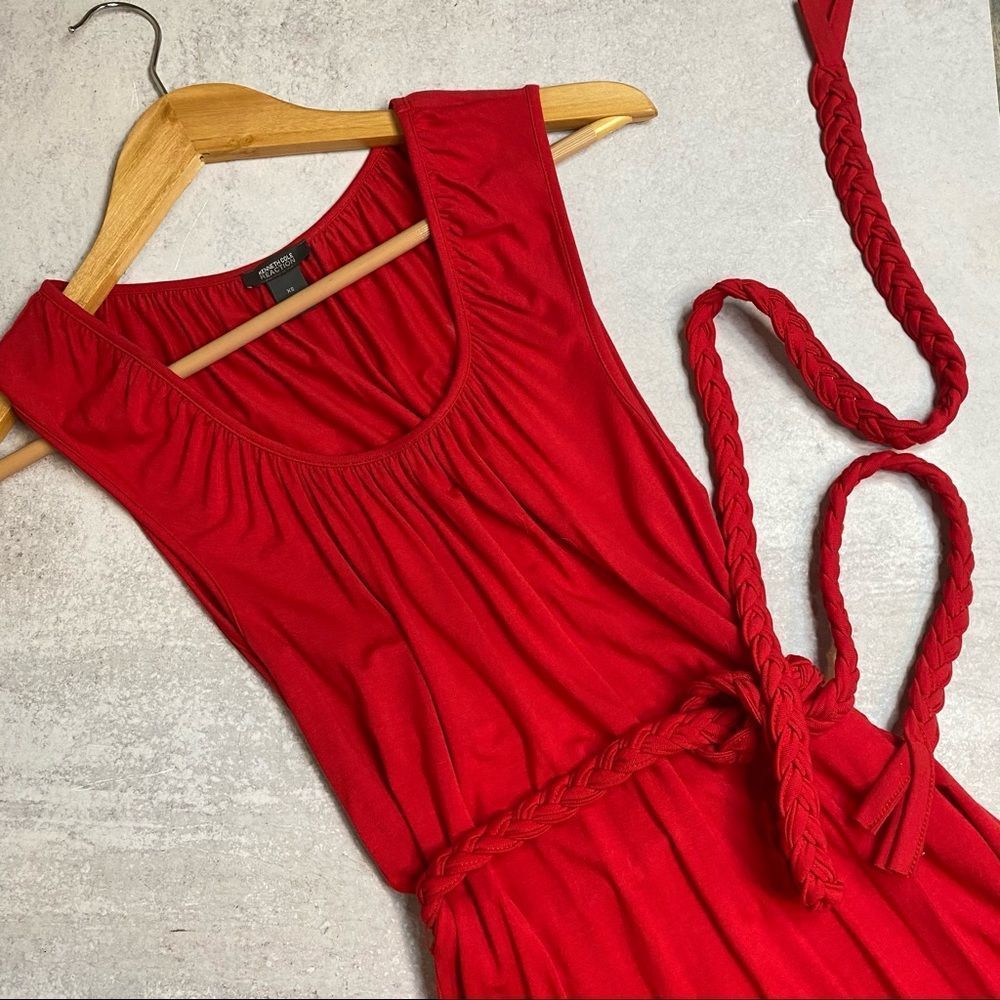 Kenneth Cole Red Maxi Dress, scoop neck and Braided Tie Belt Size XS